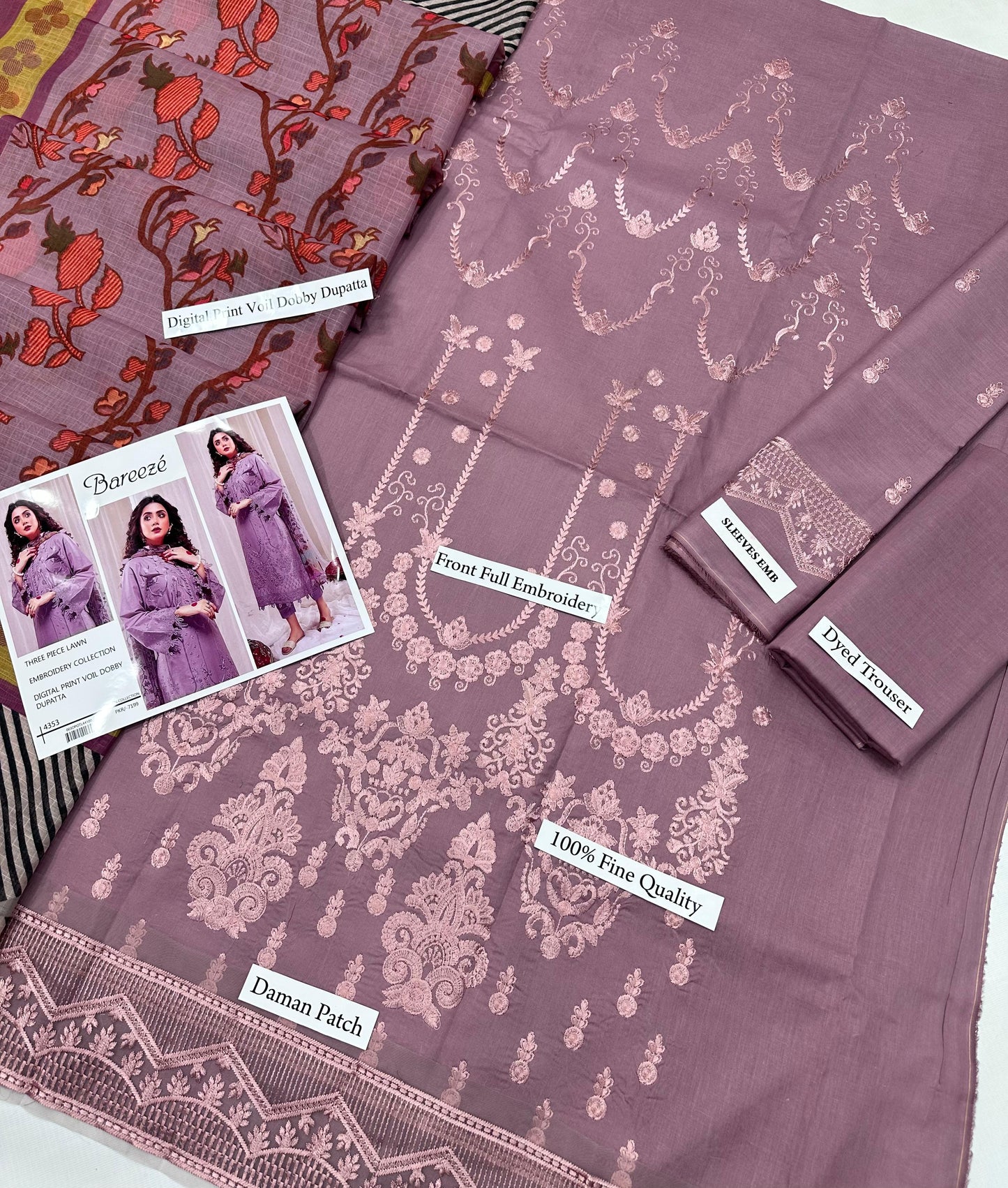 Bareeze - 3PC LAWN EMBROIDERED SHIRT WITH MANAAR PRINTED DUPATTA AND TROUSER