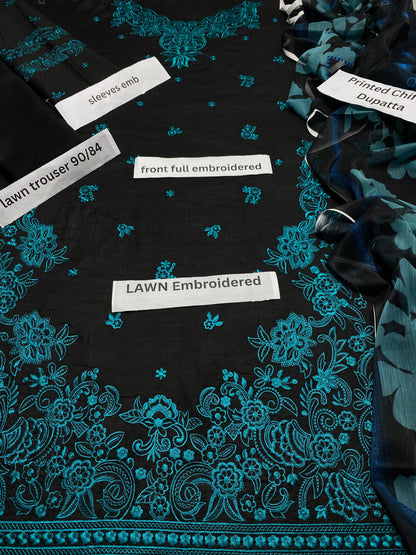 Embroidered 3pc Fancy lawn Dress With Printed Shawl- Farasha