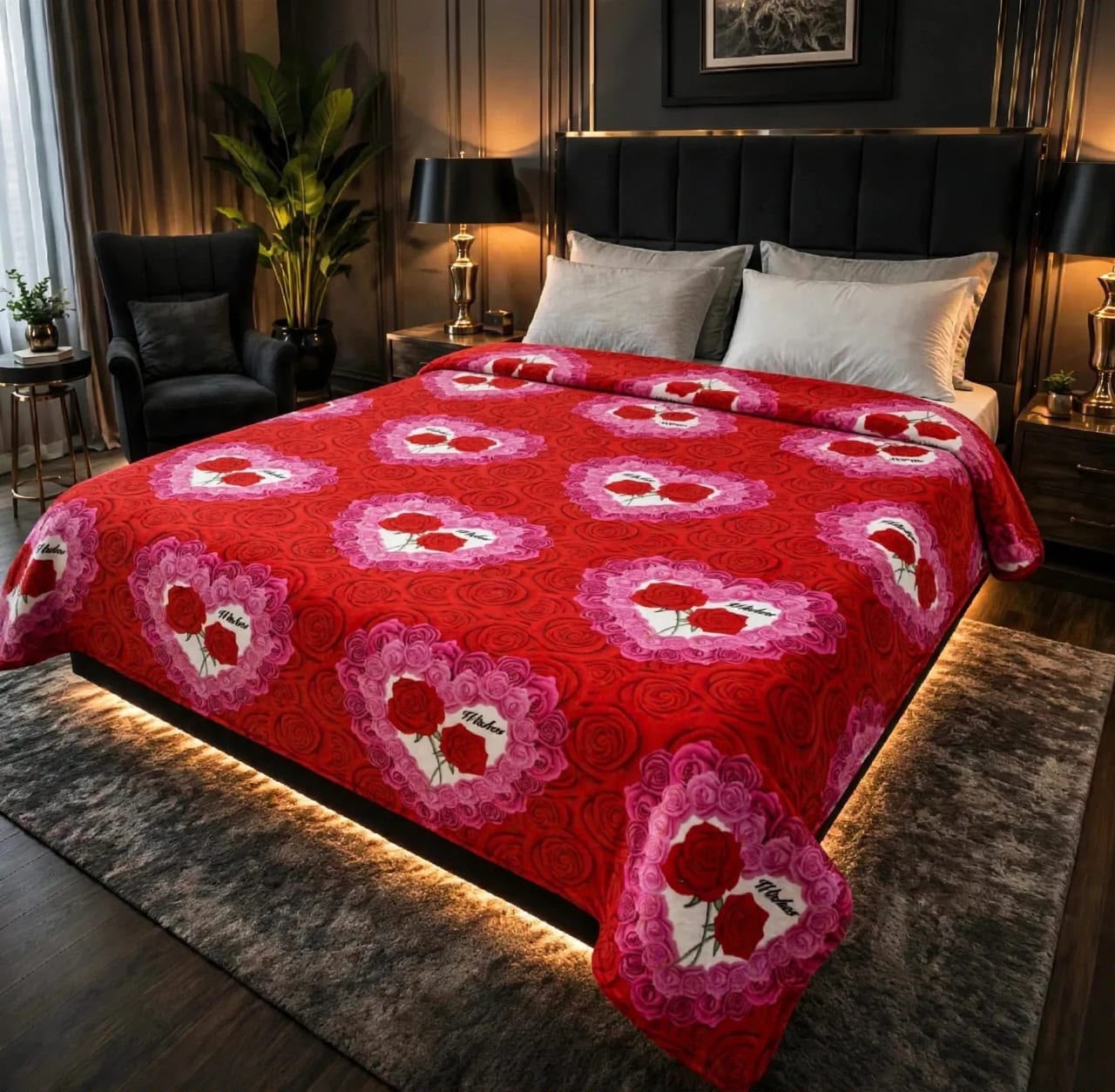 Romantic red double bed AC blanket featuring pink heart shapes and red roses in soft fleece