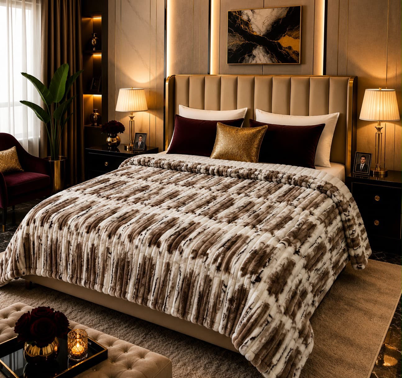 Brown cream tweed textured puffy AC blanket on double bed Pakistan