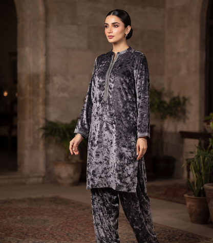 Latest velvet dress design featuring all-over printed 2-piece unstitched Italian velvet suit in Pakistan.