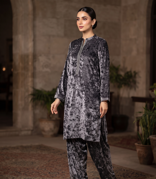 Latest velvet dress design featuring all-over printed 2-piece unstitched Italian velvet suit in Pakistan.