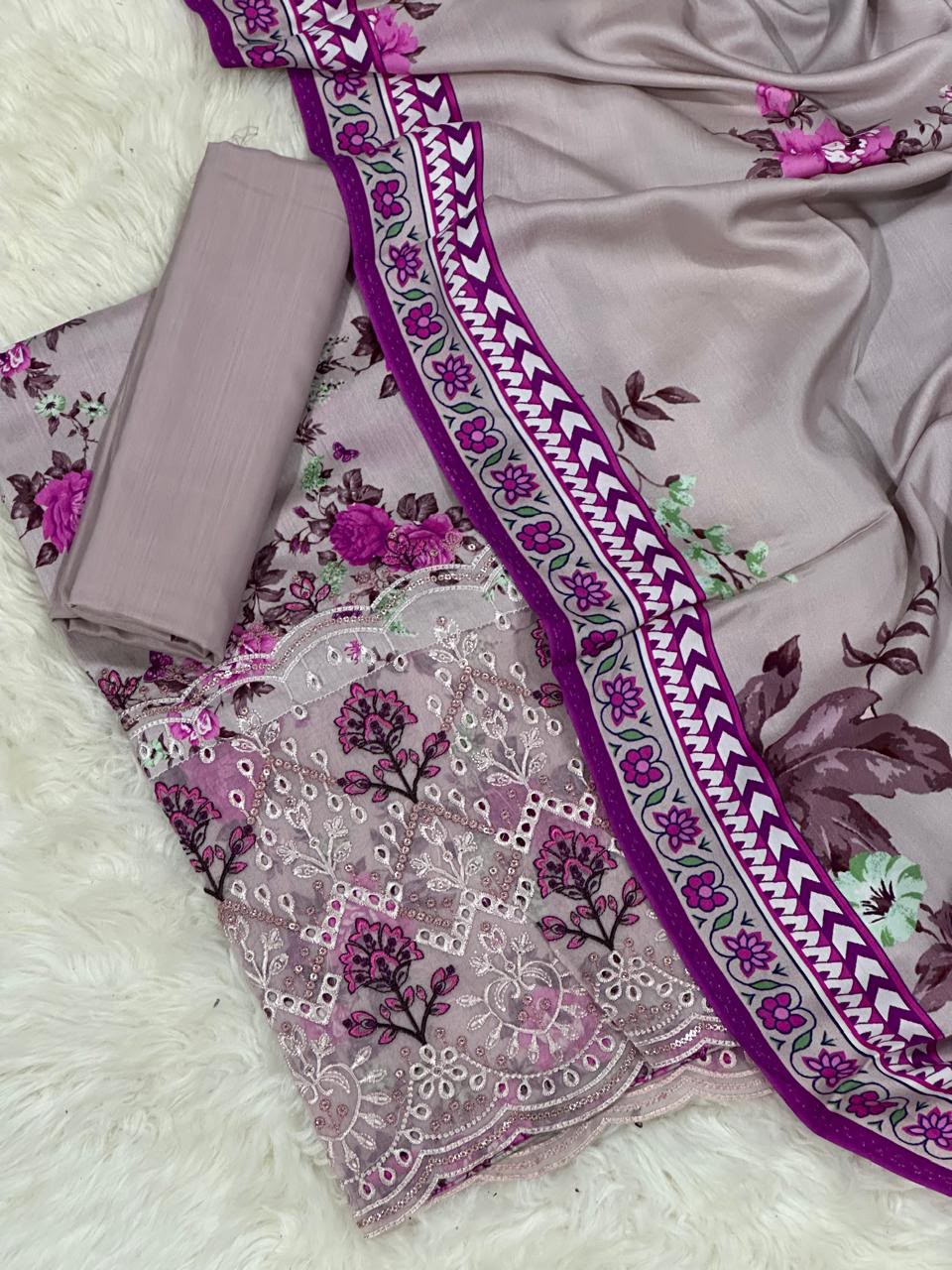 3-Piece Pink Viscose Linen Suit with Floral Digital Print and Chikankari Daman in Pakistan