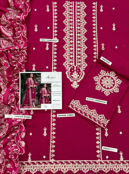 Close-up of delicate white geometric and floral embroidery on premium shocking pink Airjet Dhanak fabric