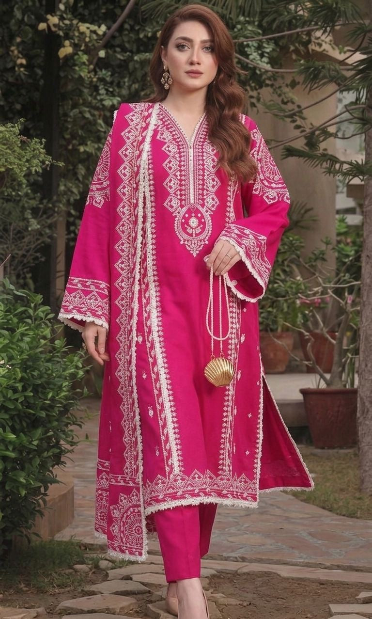 Close-up of delicate white geometric and floral embroidery on premium shocking pink Airjet Dhanak fabric.