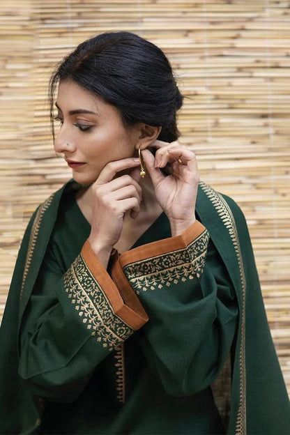 Unstitched Dyot Airjet Dhanak 3pc fabric in forest green showing embroidered sleeves, trouser patches, and digital printed Pashmina shawl.